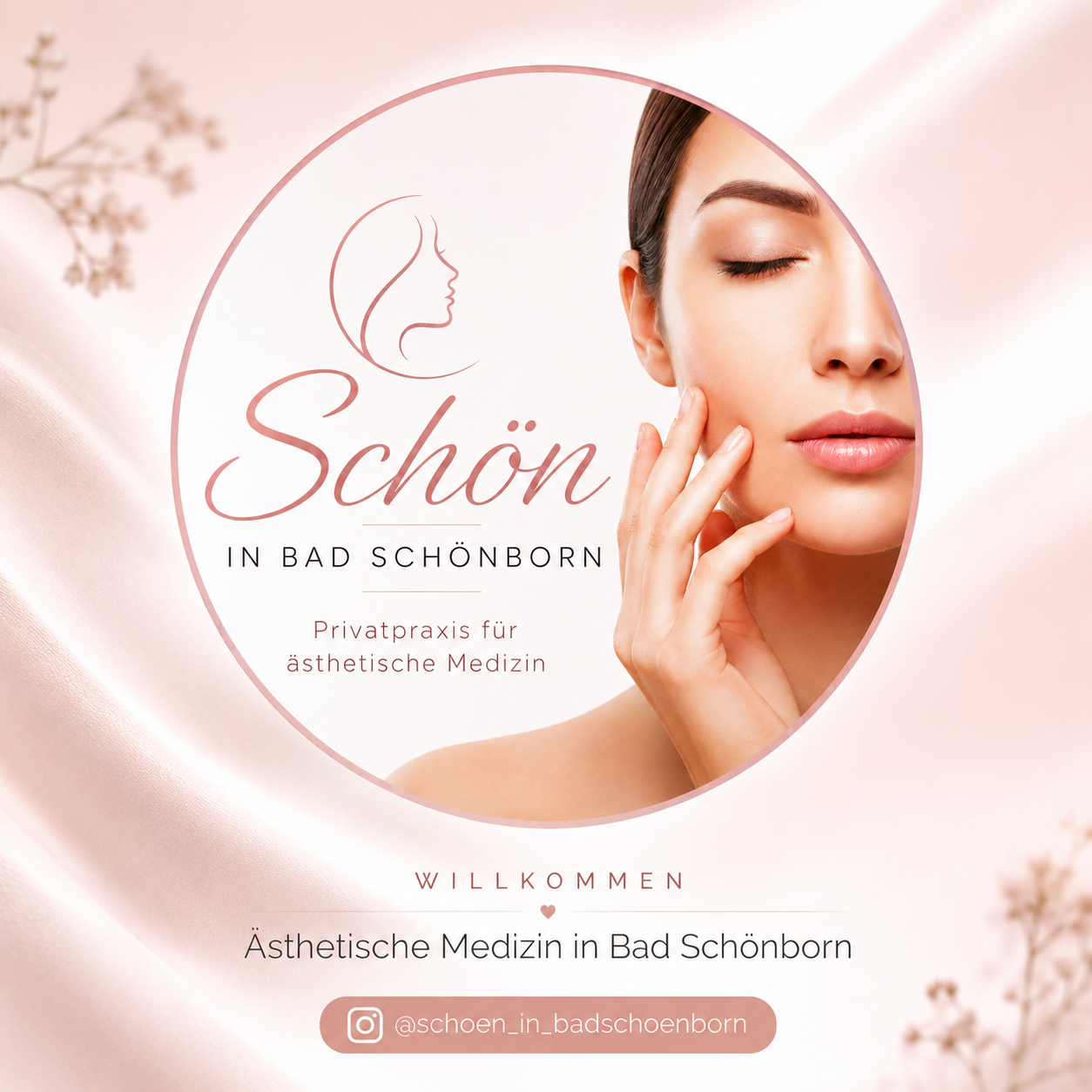 Originalmotiv: Schön in Bad Schönborn – Privatpraxis für ästhetische Medizin, mit roséfarbenem Profil-Logo und Schriftzug.
