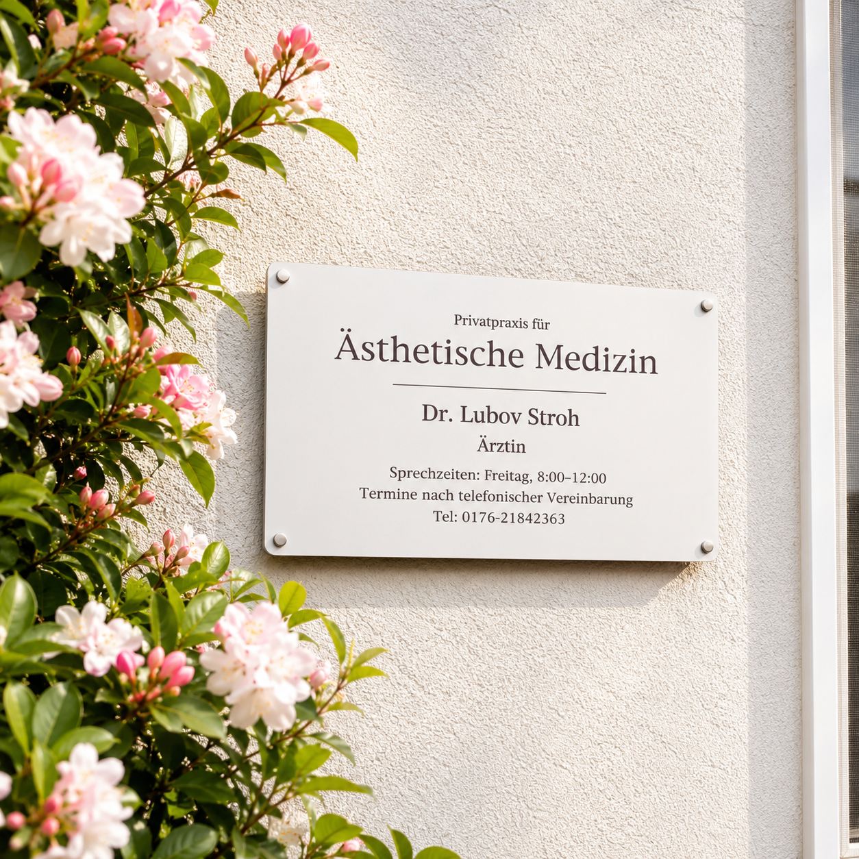 Praxisschild neben blühenden Zweigen mit dem Namen Dr. Lubov Stroh.